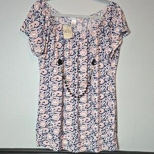Emily Stacy Print Peasant Top With Necklace, Blue/Pink, Women's Size 3X, New